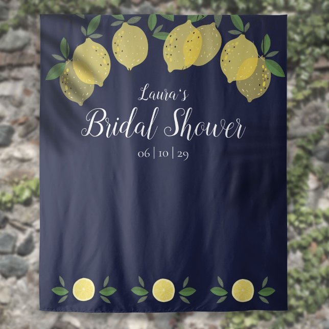 Lemons Navy Blue Brautparty Foto Hintergrund Wandteppich (Lemons Navy Blue Bridal Shower Photo Backdrop)