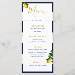 Lemons Navy White Marmor Summer Monogram Menükarte