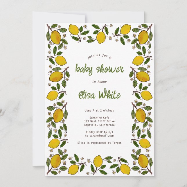 Lemons Niedlich CUSTOM QR Code BABY SHOWER Einladung (Vorderseite)