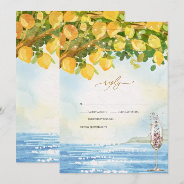 Lemons Ocean Champagne Glass Wedding RSVP Einladung (Vorne/Hinten)