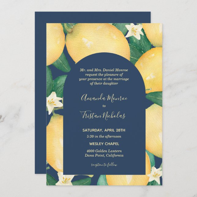 Lemons on Navy Wedding All in One Invites (Vorne/Hinten)