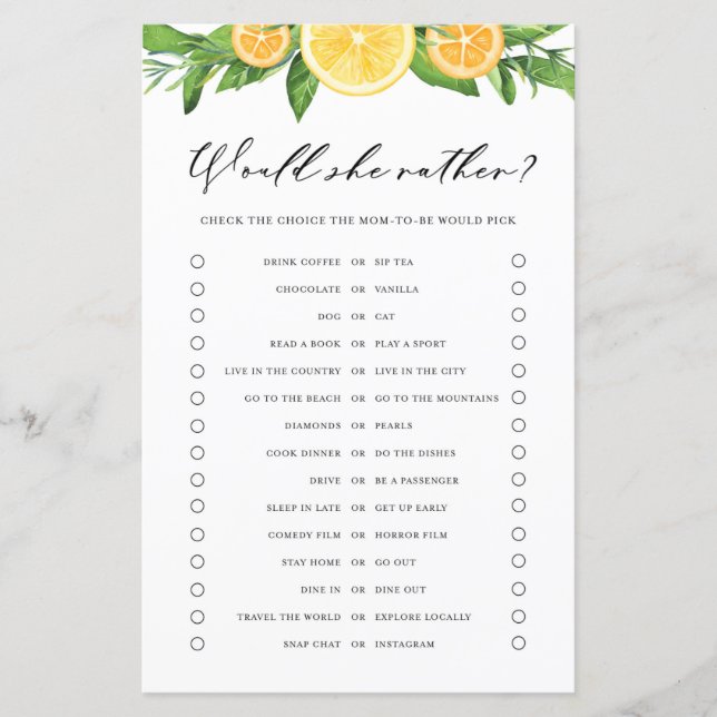 Lemons Orange WOuld She Rather Baby Shower Game (Vorderseite)