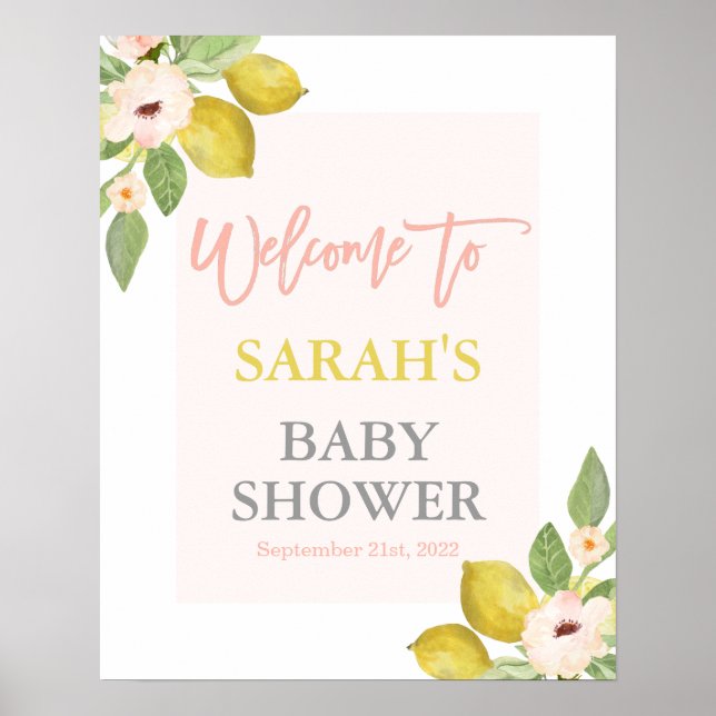Lemons Pink Floral Baby Dusche Begrüßungszeichen Poster (Vorne)
