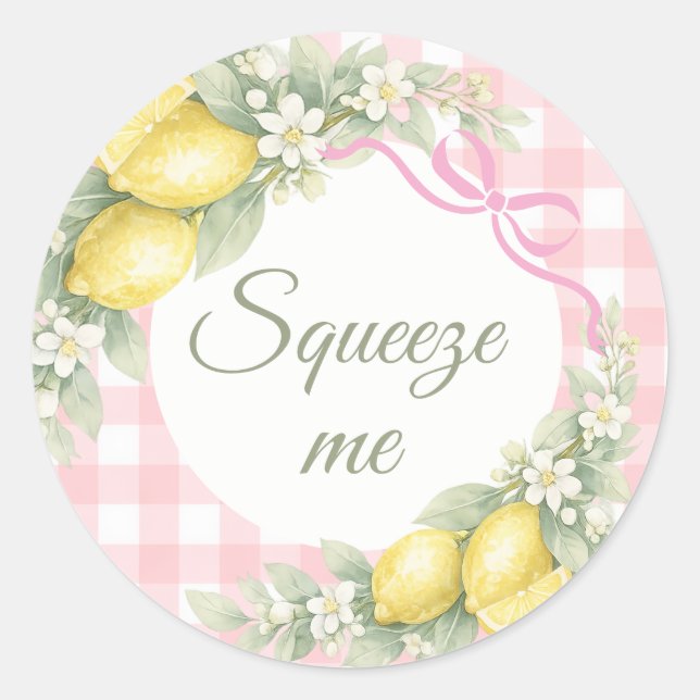 Lemons pink gingham squeeze me party favor runder aufkleber (Vorderseite)