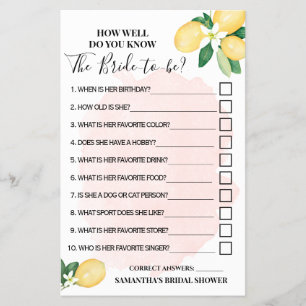 Lemons Pink Wie gut kennen Sie Bride Shower Game Flyer