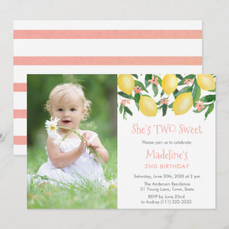 Lemons Pink ZWEI Sweet Girl Birthday Party Bild Einladung