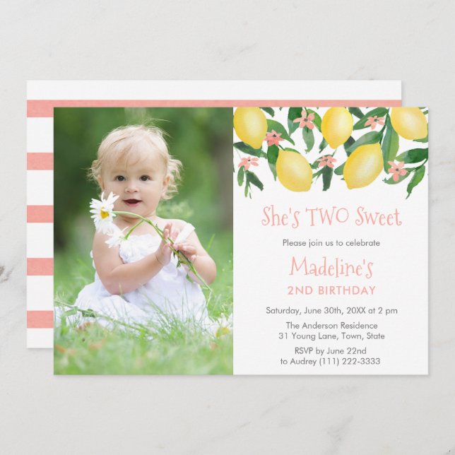 Lemons Pink ZWEI Sweet Girl Birthday Party Bild Einladung (Vorne/Hinten)