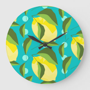 Lemons Polka Dot: Blue Background. Große Wanduhr