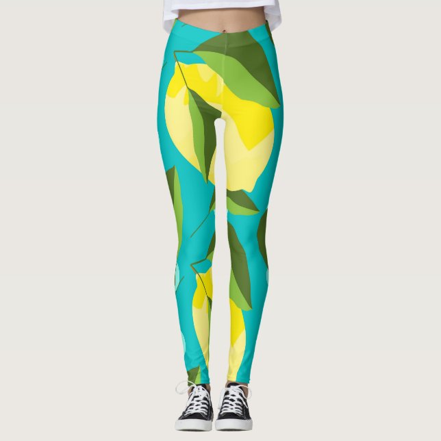 Lemons Polka Dot: Blue Background. Leggings (Vorderseite)