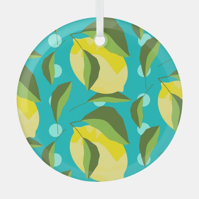 Lemons Polka Dot: Blue Background. Ornament Aus Glas (Vorderseite)
