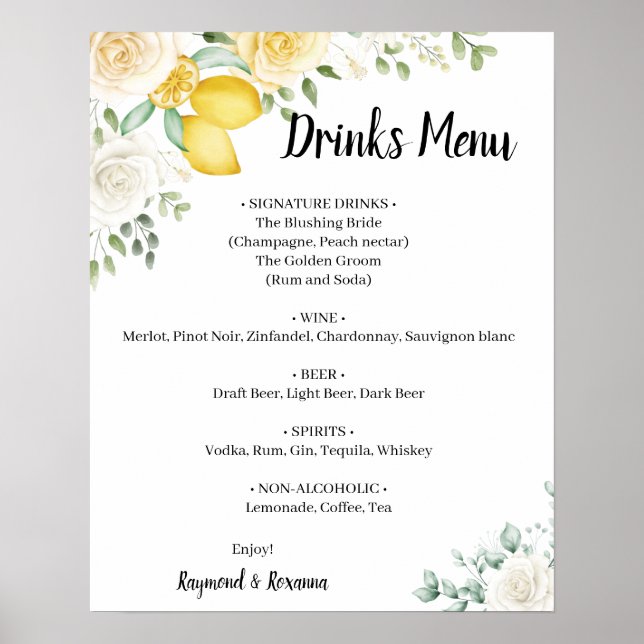 Lemons & Rose Drinks Menü Hochzeitsschrift Poster (Vorne)