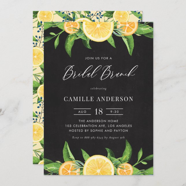 Lemons und Orangen Chalkboard Summer Bridal Brunch Einladung (Vorne/Hinten)