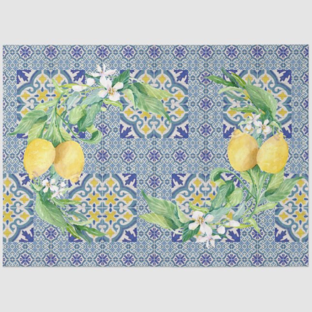 Lemons Vintag Farmhouse Blue n White Decoupage Seidenpapier (Vorderseite)