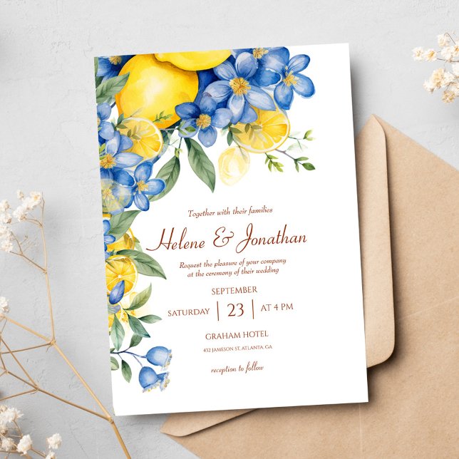 Lemons Watercolor Blue Yellow Elegante Hochzeit Einladung (Lemons Watercolor Blue Yellow Elegant Wedding Invitation)