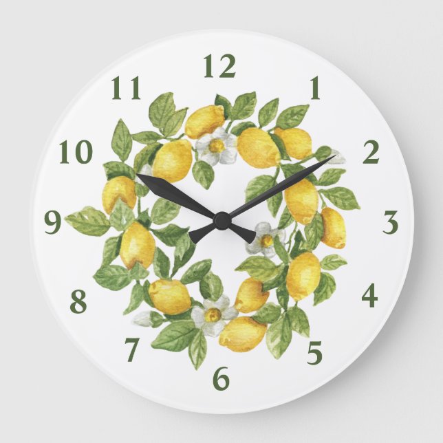 Lemons Wreath Green Yellow Round Wall Clock Große Wanduhr (Vorderseite)
