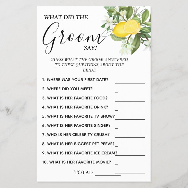 Lemony What groom say Brautparty game card Flyer (Vorne)