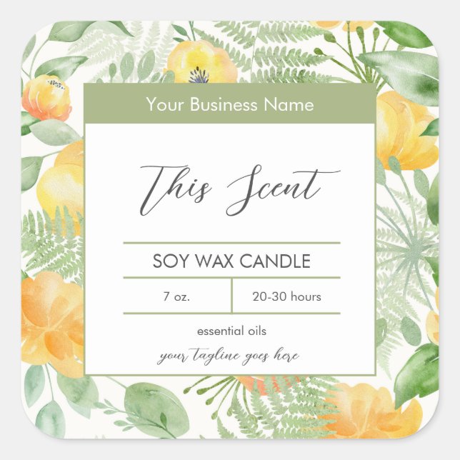 Lemony Yellow and Fern Candle Label Quadratischer Aufkleber (Vorderseite)