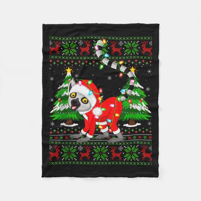 Lemur Christmas Lights Santa Costume Ugly Xmas Swe Fleecedecke (Vorderseite)