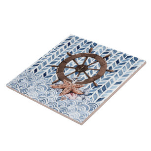 Lenkrad des Schiffes, Seesterne, nautisches Muster Fliese