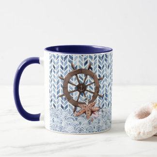 Lenkrad des Schiffes, Seesterne, nautisches Muster Tasse