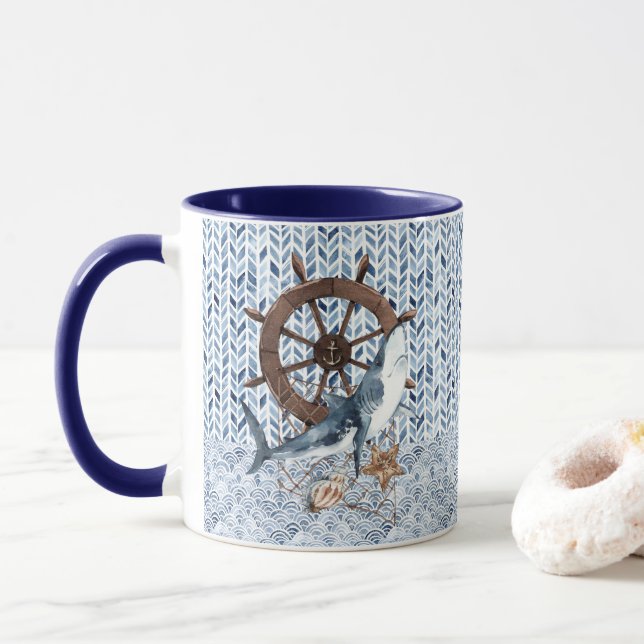 Lenkrad und Hai des Schiffes Tasse (Mit Donut)
