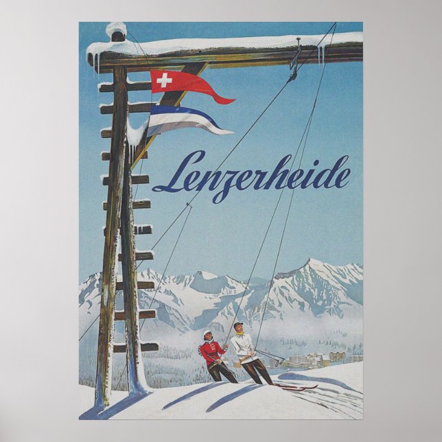 Lenzerheide Schweiz Retro Vintages Skiposter Poster (Vorne)