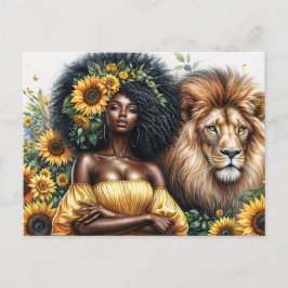 Leo Black Woman mit Löwenblume Thema Postkarte