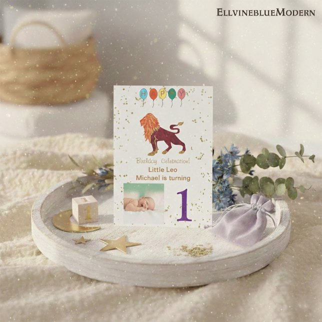 Leo First Birthday Gold, Balloons und Foto Einladung (Von Creator hochgeladen)