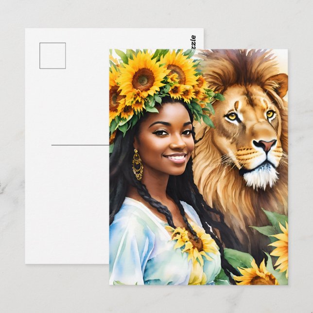 Leo Schwarze Frau mit Sonnenblumen und Löwen Postkarte (Vorne/Hinten)