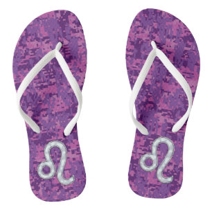 Leo Sign auf Girly Pink Fuchsia Digitale Camouflag Flip Flops