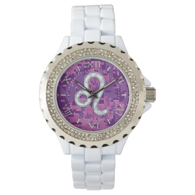 Leo Sign auf Pink Fuchsia Camouflage Dial Armbanduhr (Vorderseite)