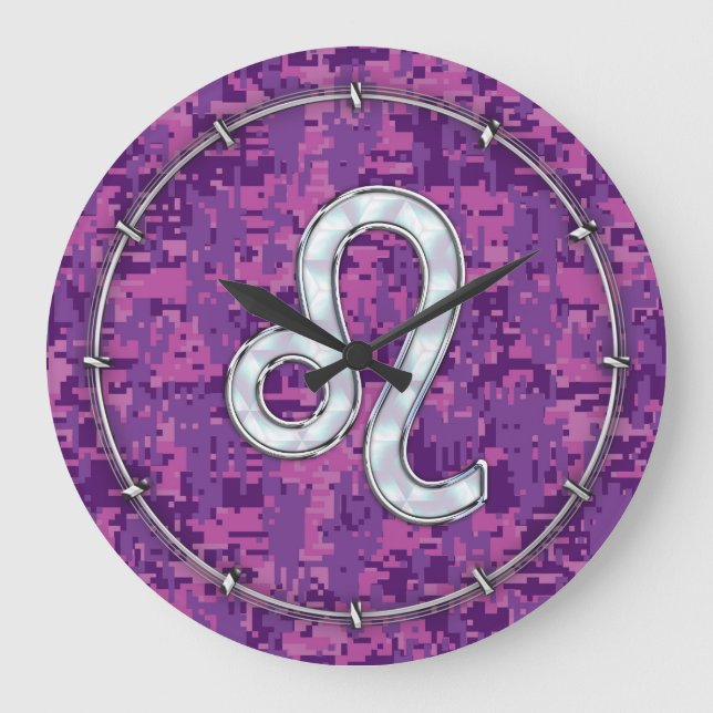 Leo Sign auf Pink Fuchsia Digital Camouflage Große Wanduhr (Vorderseite)