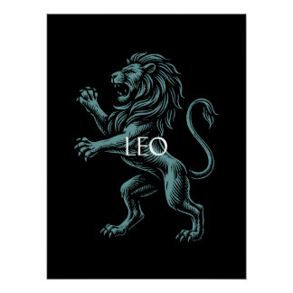 Leo Sternzeichen – Vintage-Löwe in Türkis auf Schw Poster