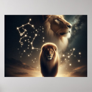 Leo Zodiac Art - Majestic Lion and Constellation. Poster