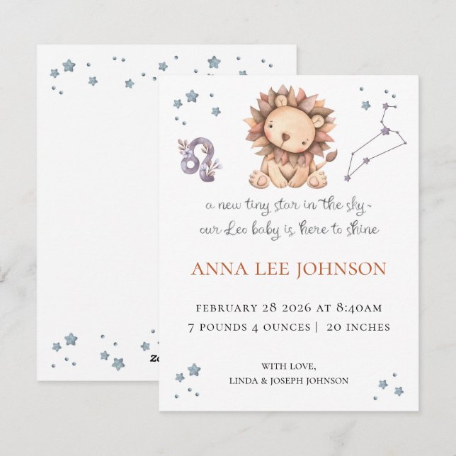 Leo Zodiac Birth Announcement Feiertagskarte (Vorne/Hinten)