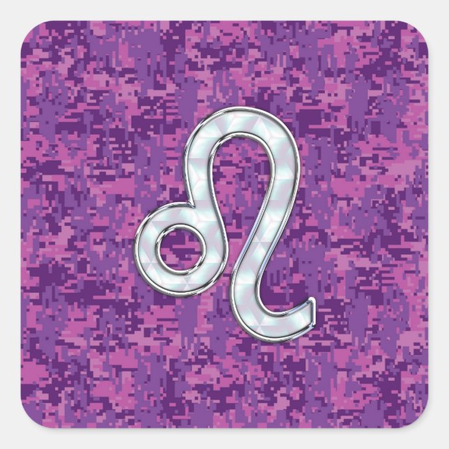 Leo Zodiac Sign auf Fuchsia Digital Camouflage Quadratischer Aufkleber (Vorderseite)