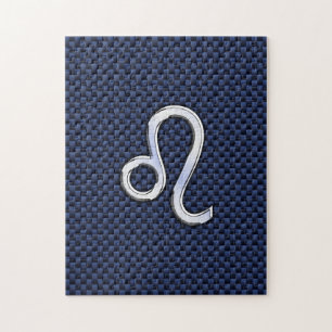 Leo Zodiac Sign auf Navy Blue Carbon Fibre Print Puzzle