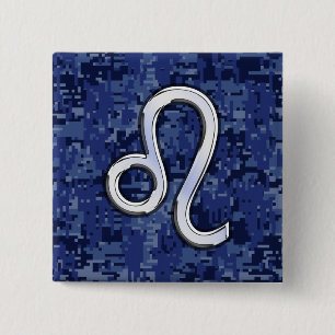 Leo Zodiac Sign auf Navy Blue Digital Camouflage Button