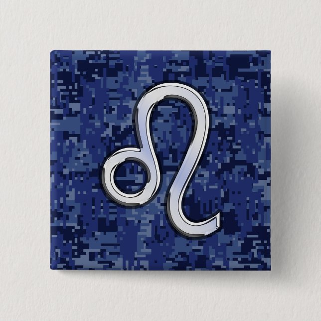 Leo Zodiac Sign auf Navy Blue Digital Camouflage Button (Vorderseite)