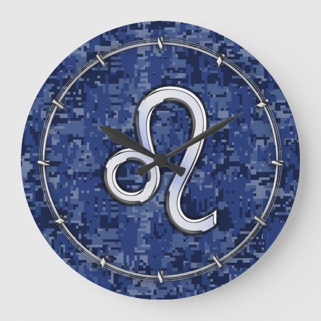 Leo Zodiac Sign auf Navy Blue Digital Camouflage Große Wanduhr (Vorderseite)