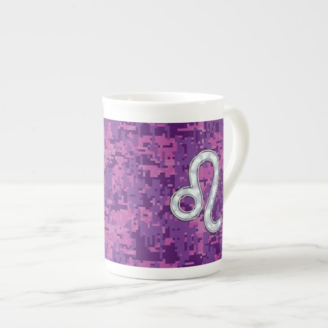 Leo Zodiac Sign auf Pink Fuchsia Digital Camouflag Prozellantasse (Vorderseite Rechts)