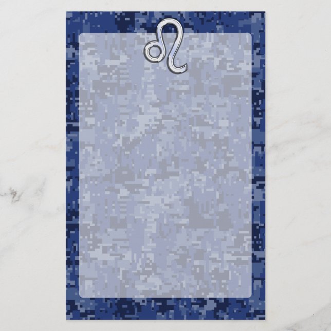 Leo Zodiac-Symbol auf Navy Blue Digital-Camouflage Briefpapier (Vorderseite)
