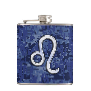 Leo Zodiac-Symbol auf Navy Blue Digital-Camouflage Flachmann