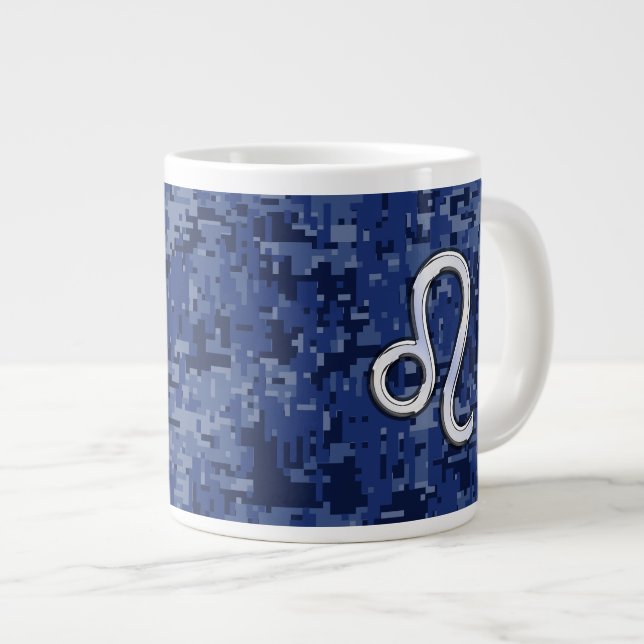Leo Zodiac-Symbol auf Navy Blue Digital-Camouflage Jumbo-Tasse (Vorderseite Rechts)