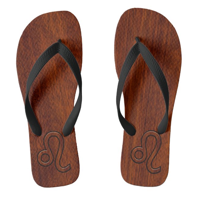 Leo Zodiac Symbol in Rich-Mahagoni-Holzstil Flip Flops (Fußbett)