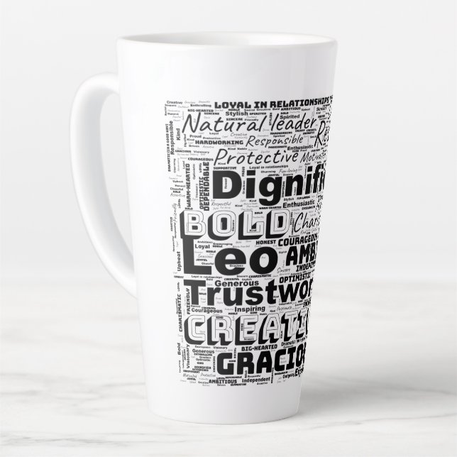 Leo Zodiac Word Cloud Inspiration Latte Tasse (Linke Ecke)