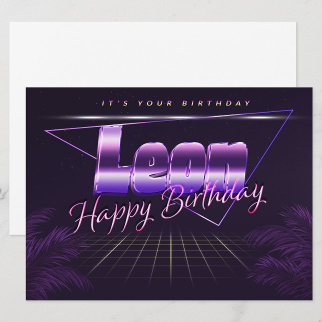 Leon Name Vorname lila retro Karte Geburtstag (Vorne/Hinten)