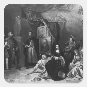 Leonardo da Vinci, der das Gioconda malt Quadratischer Aufkleber