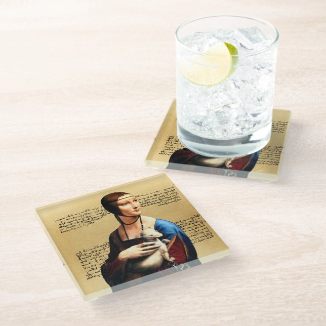 Leonardo da Vinci Lady mit Ermine Glasuntersetzer (Schrägansicht)