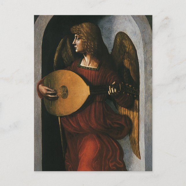 Leonardo da Vinci"s Ein Engel in Rot mit Lute Postkarte (Vorderseite)